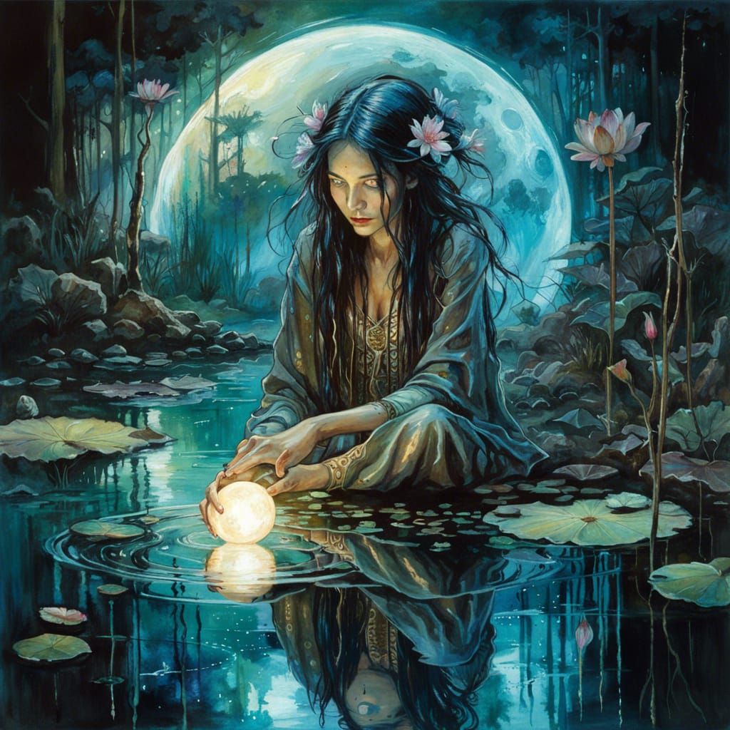 Bioluminescent Moon Goddess Reflecting in Lotus Pond