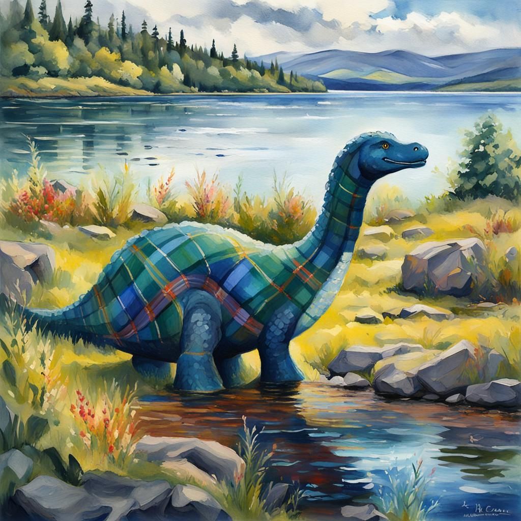 Nessie wearing traditional Scottish tartan by Loch Ness  by @Alison