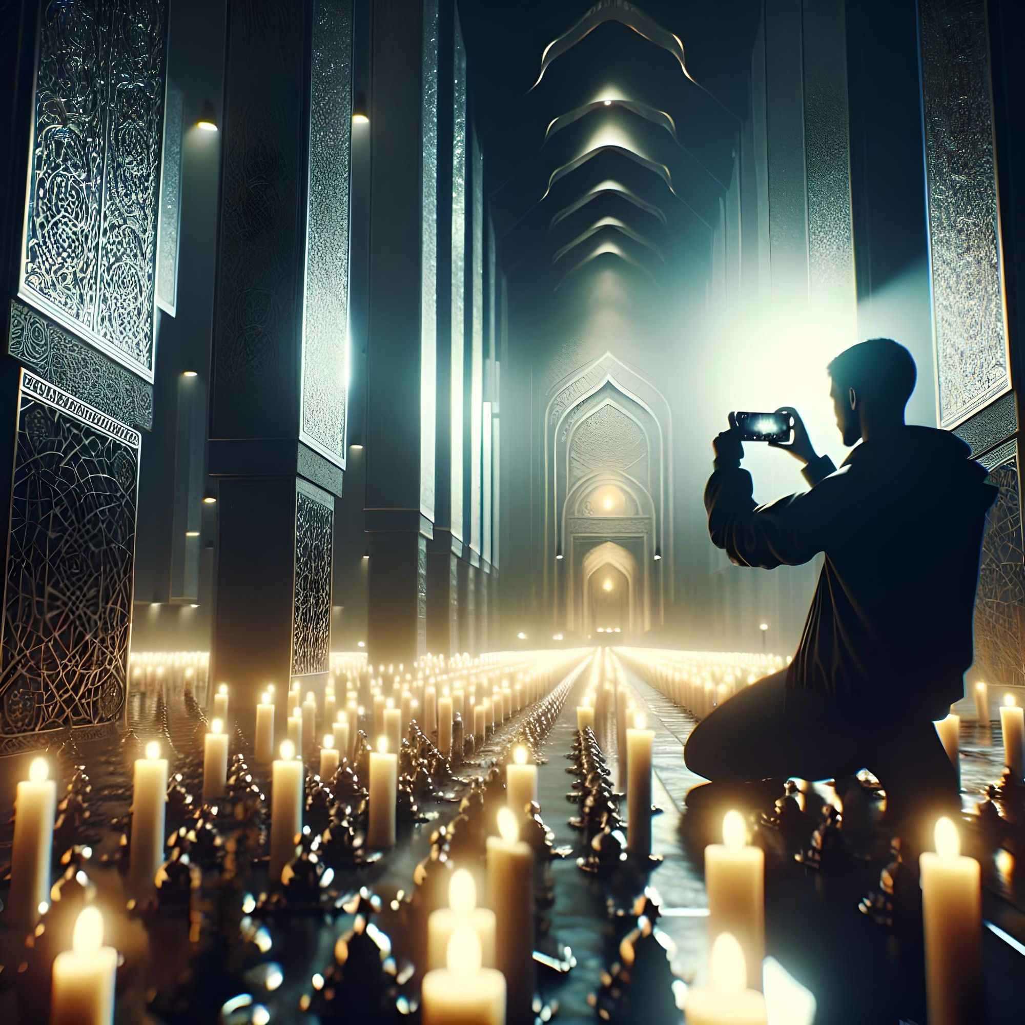 Photographic portrait of Black Mass using a modern smartphone, 8k resolution intricate mosque and candles, ground level shot, 8K resolution,...