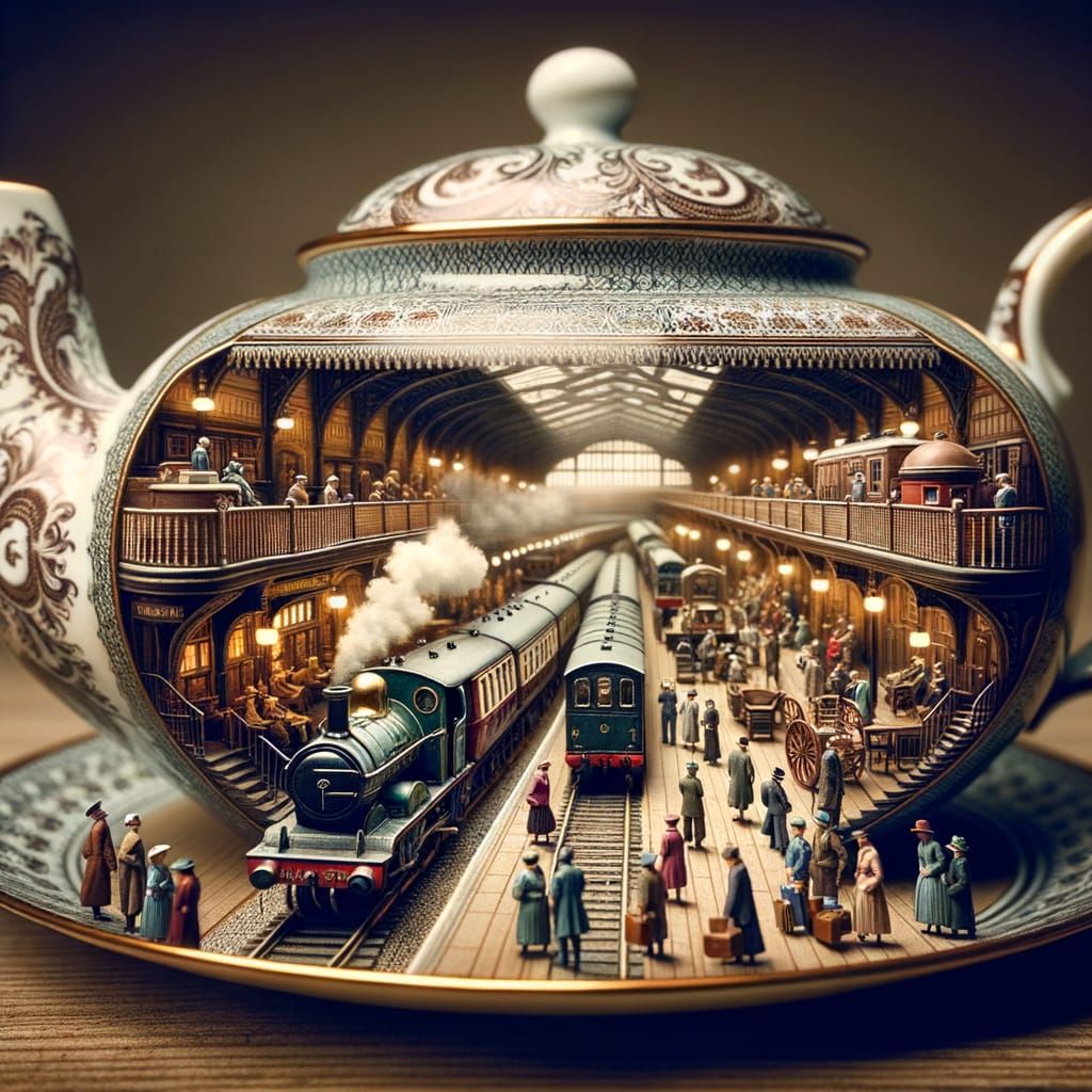 A railway station hidden within a vintage tea set