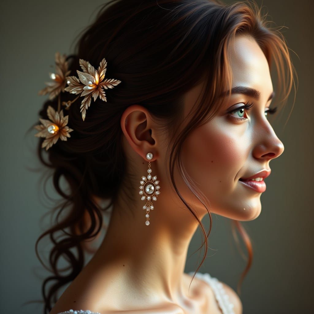 <lora:UltraPolish V1:1.0>A 2/3 side view portrait of a woman in soft side light with jeweled hairpins, cinematic lighting, realistic skin te...