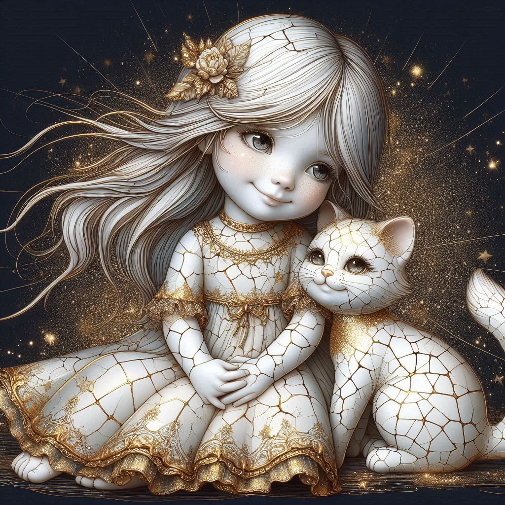 white and gold whimsical girl and cat