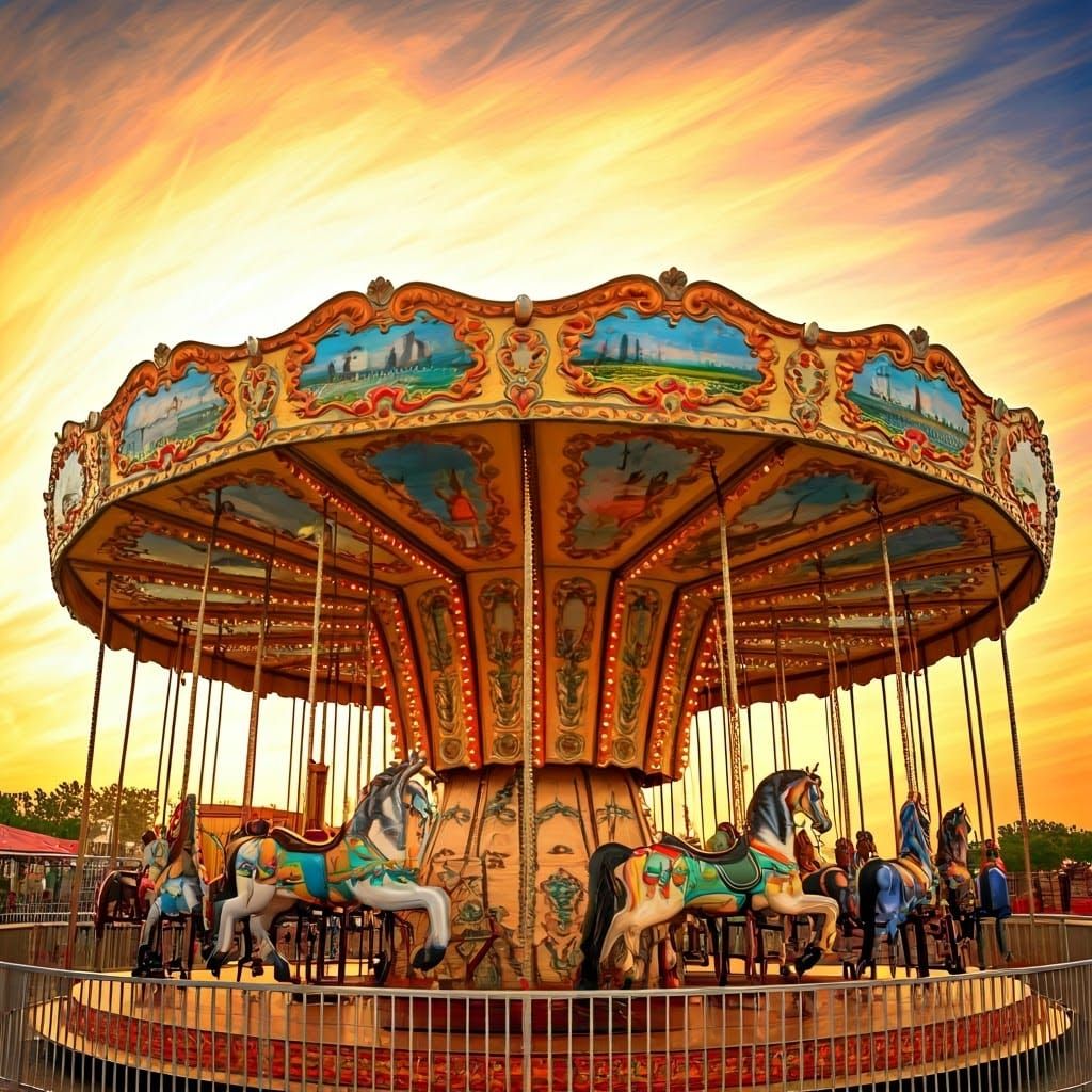 Whimsical Carousel at Sunset in Chagall's Dreamlike Style