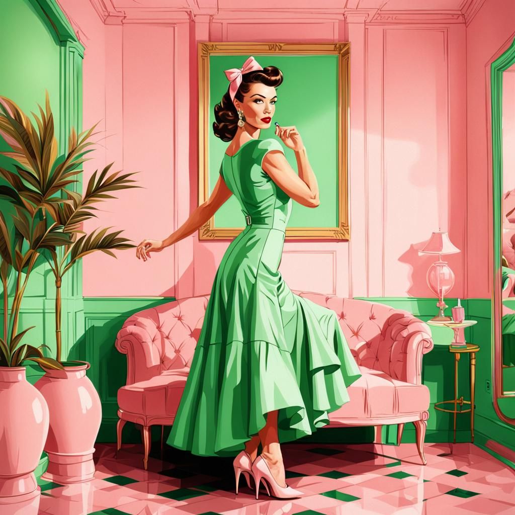 Pin Up Girl in Green Dress, Pink Room