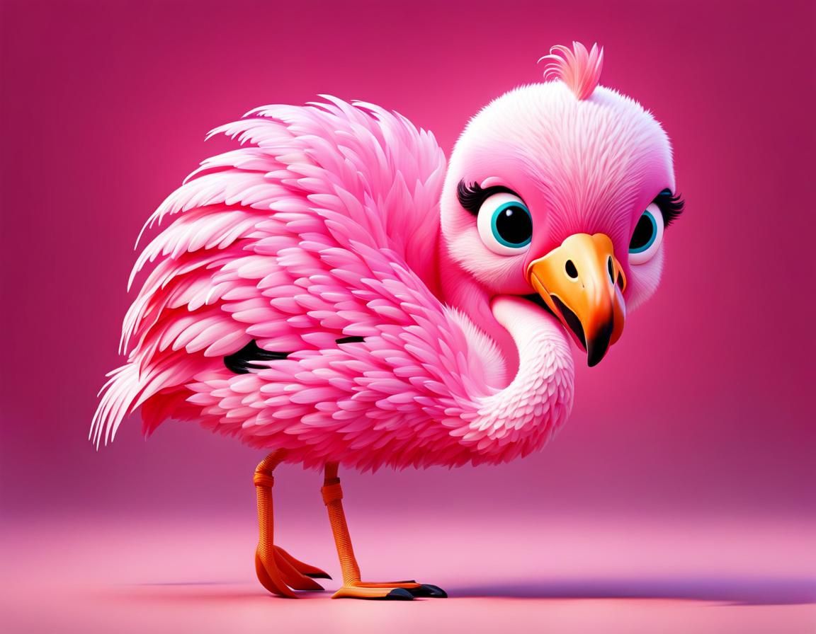cute wacky baby pink flamingo, Pixar style