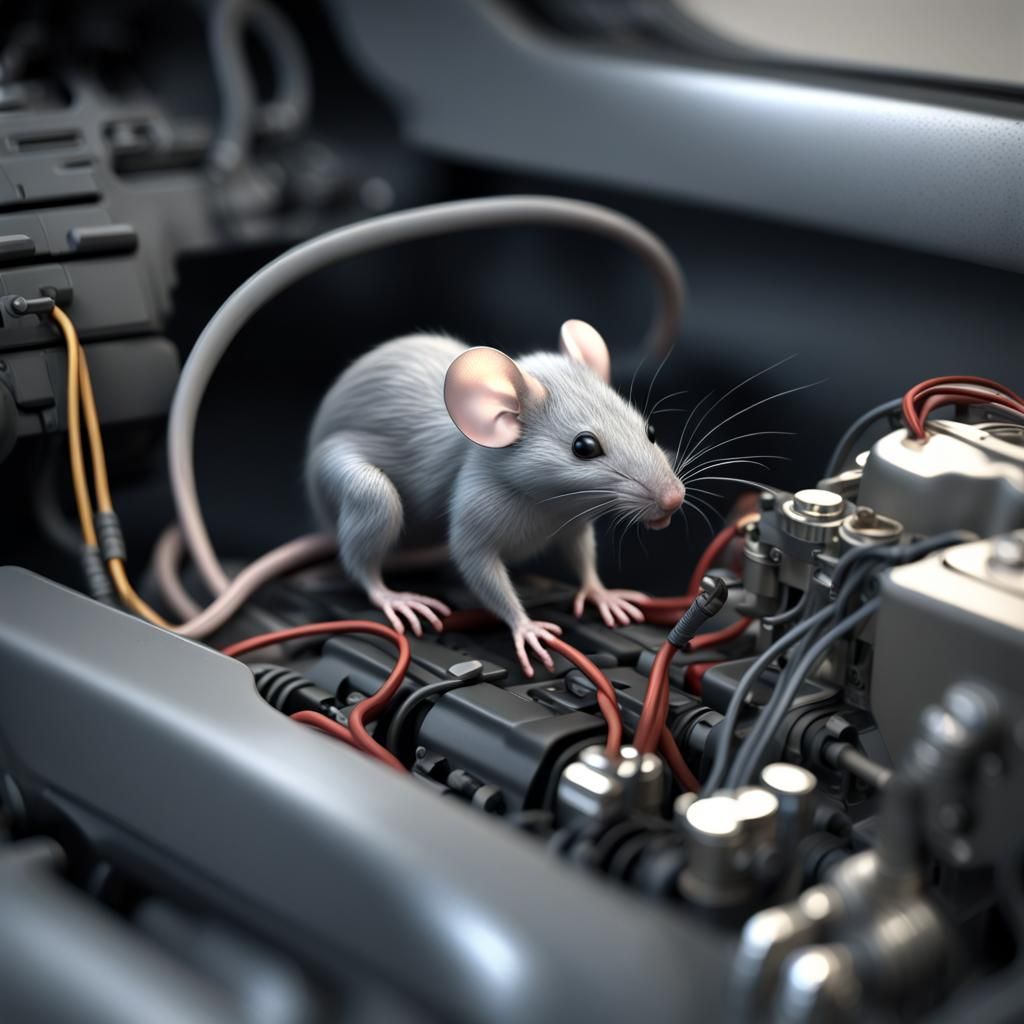 "a grey mouse, wires in the scene, scene is inside the engine bay of a car, scene centred on mouse, proper ...  by @TheGooseKing