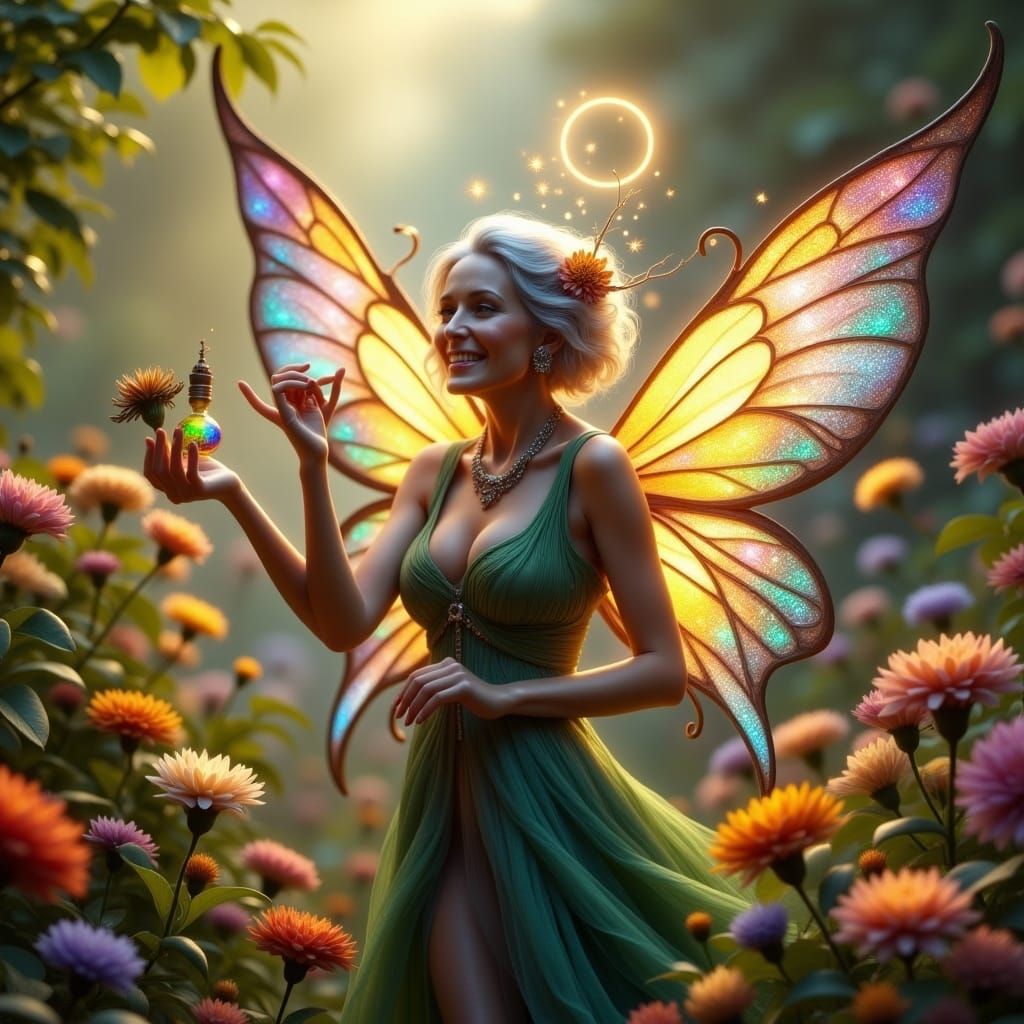 an elderly fairy with large beautiful iridescent wings. perfectly placed wings. she's using fairydust to help the flowers bloom <lora:Surrea...