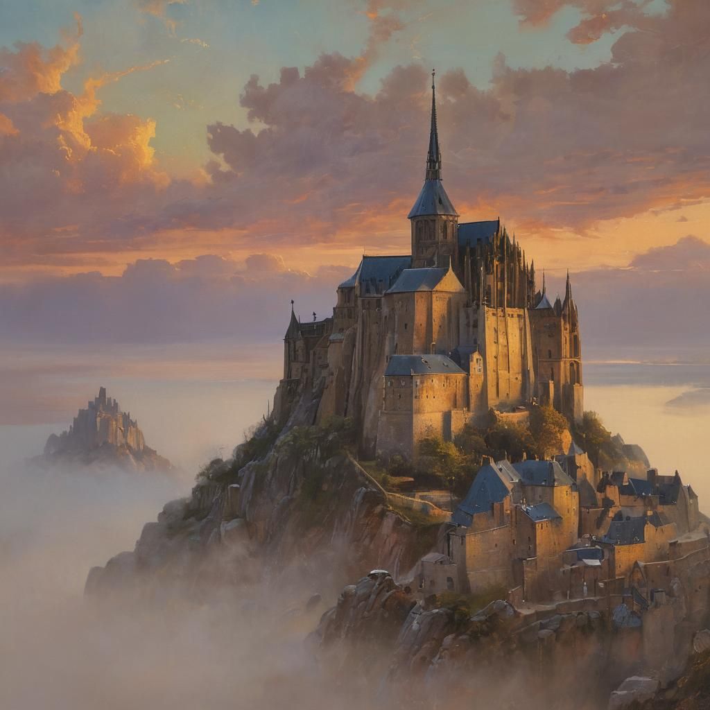 Fantasy style oil painting of Mont Saint-Michel  by @Slammin