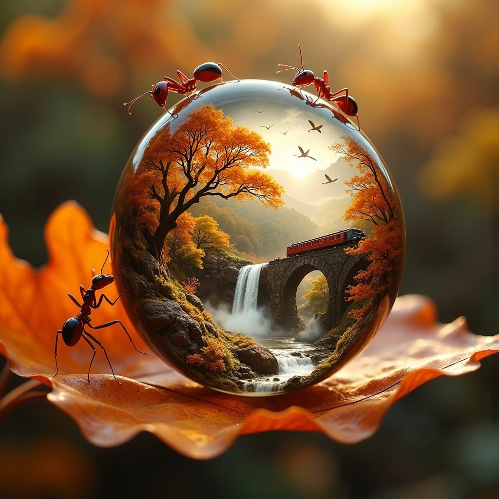 Ants walking around , the water is flowing and mini train is moving