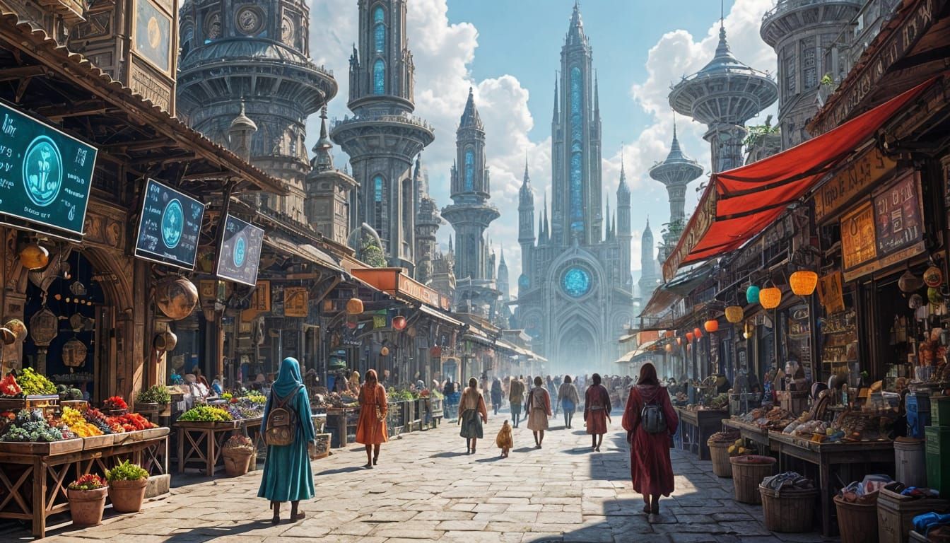 Imagine a bustling marketplace on an alien planet, filled with exotic creatures and vendors selling otherworldly ...  by @christian vichi