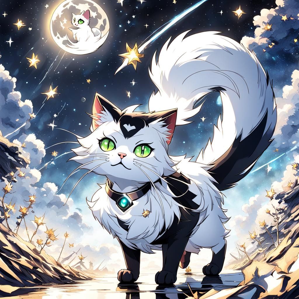 Cat Riding Shooting Star in Anime Style
