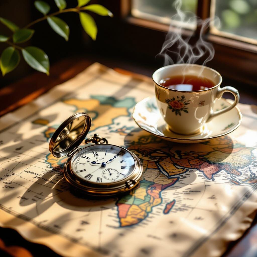 “Ultra-realistic photo of an antique pocket watch lying open on an old world map, illuminated by soft natural sunlight streaming through a n...