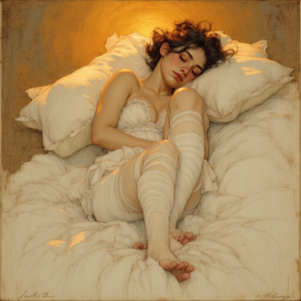 <lora:LSR - 1:1.0> Stunningly beautiful serene sleeping angel, white on white, modest, mixed media, white bodice, striped white stockings, r...