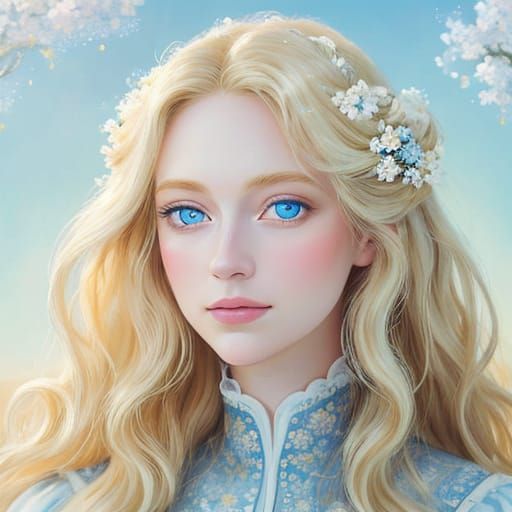 Dreamy Portrait of Blonde Girl in Oil Painting Style