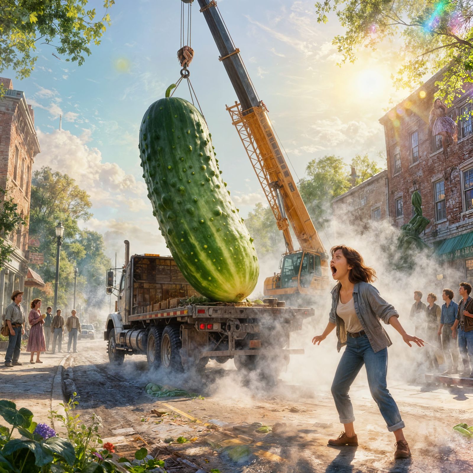 A shocked woman stands staring at an enormous cucumber lying on a flatbed truck. A construction crane ...  by @Likra