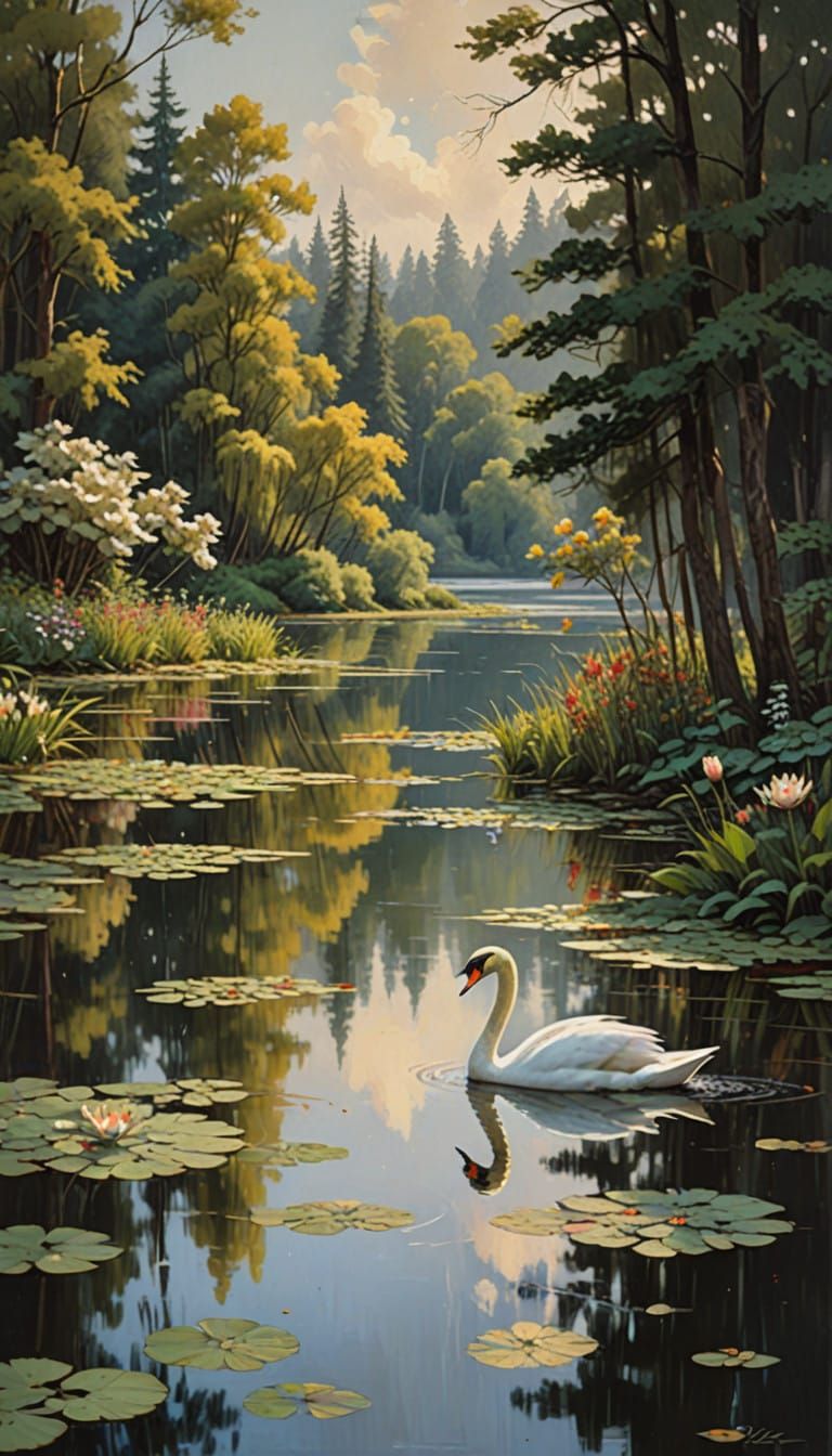 lake with swan, lotus around  by @undefined