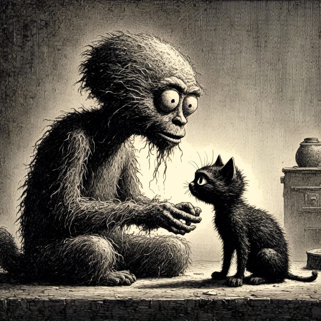 "Oh wise black one, you are the first intelligent being I have encountered on this planet! At least the hairless upright walkers are either very underdeveloped or completely insane."