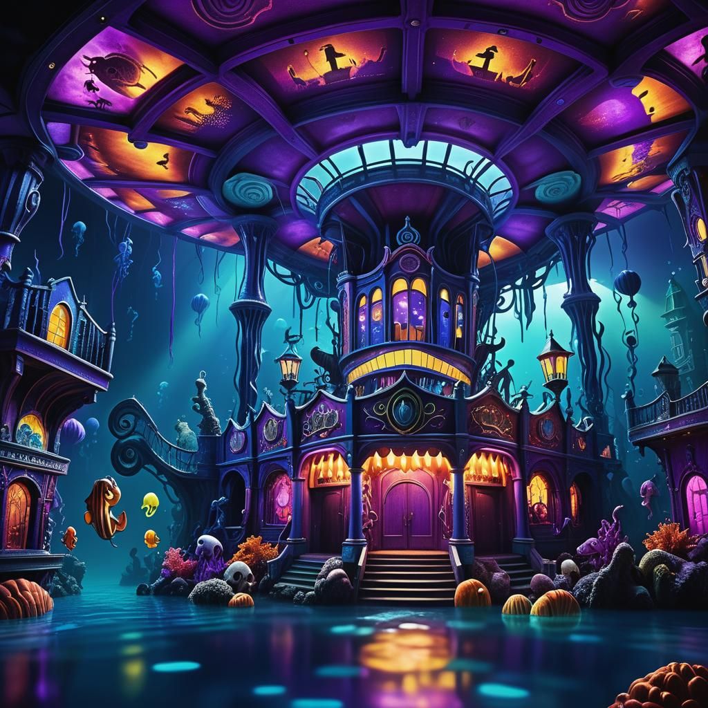 Spooky theatre funhouse in seahorse kingdom.