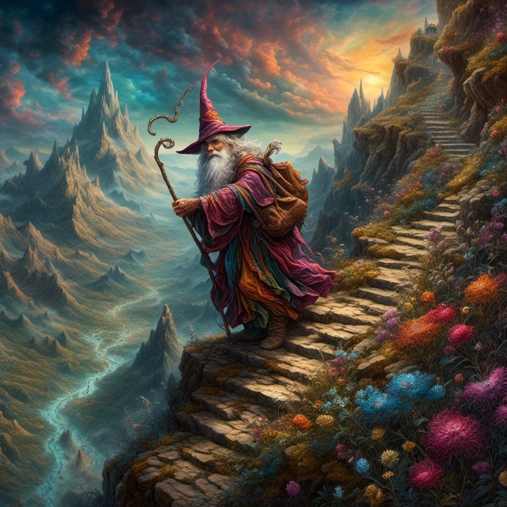 An extremely old wizard climbing a steep path up a mountain with the aid of his staff. Hyperdetailed. Fantasycore. Maximalist. Colorful. 3D....