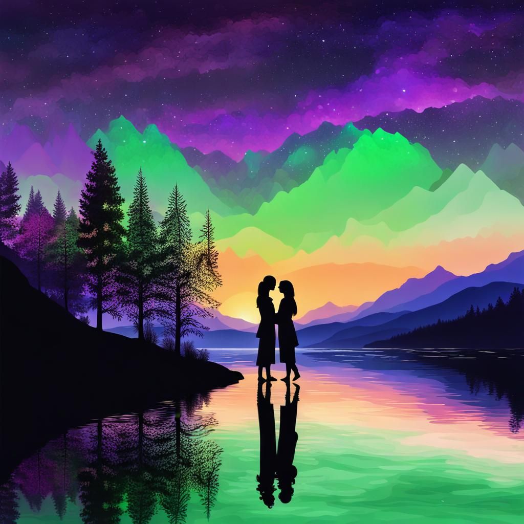 two women on a mountain lake under a purple sky
