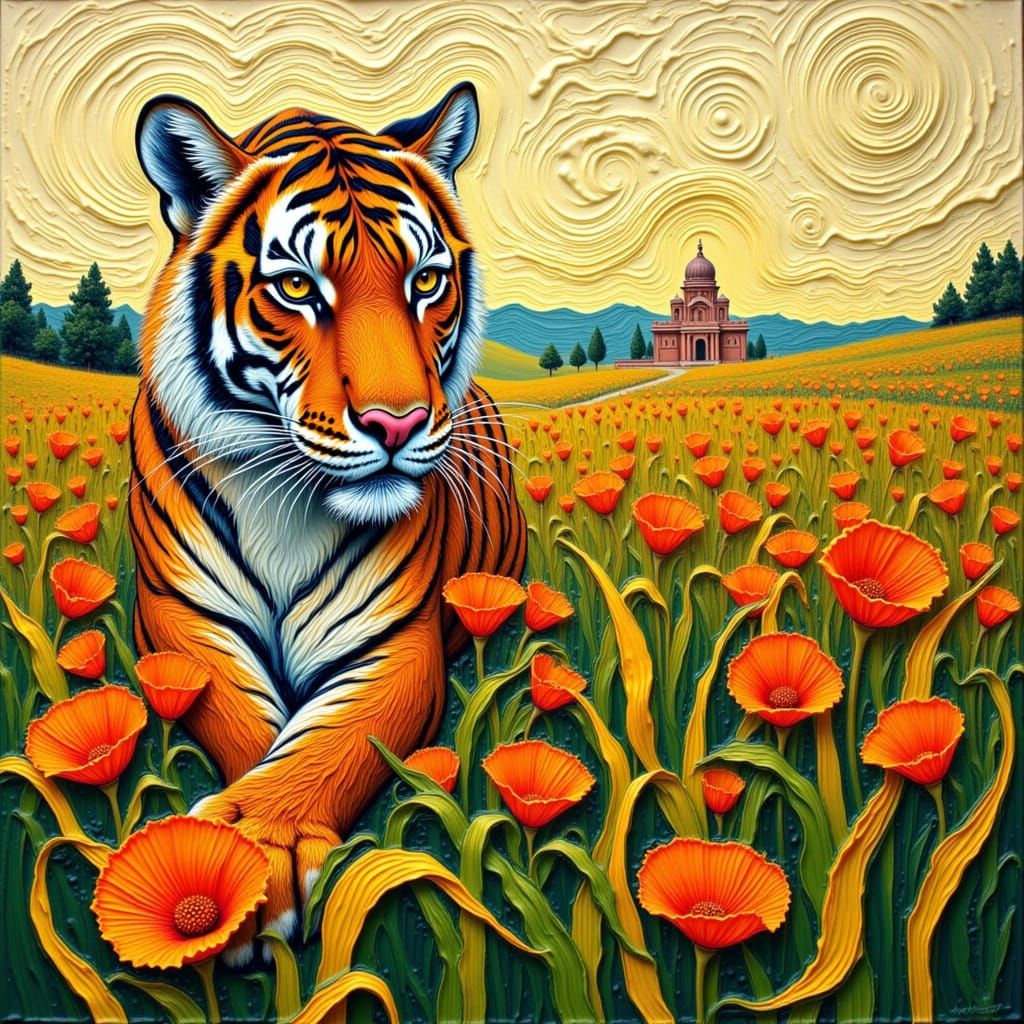 <lora:Waxy van gogh v1:1.0> Hyper realistic very beautiful waxy effect female tiger with large vibrant amazing hazel doe eyes and long whisk...