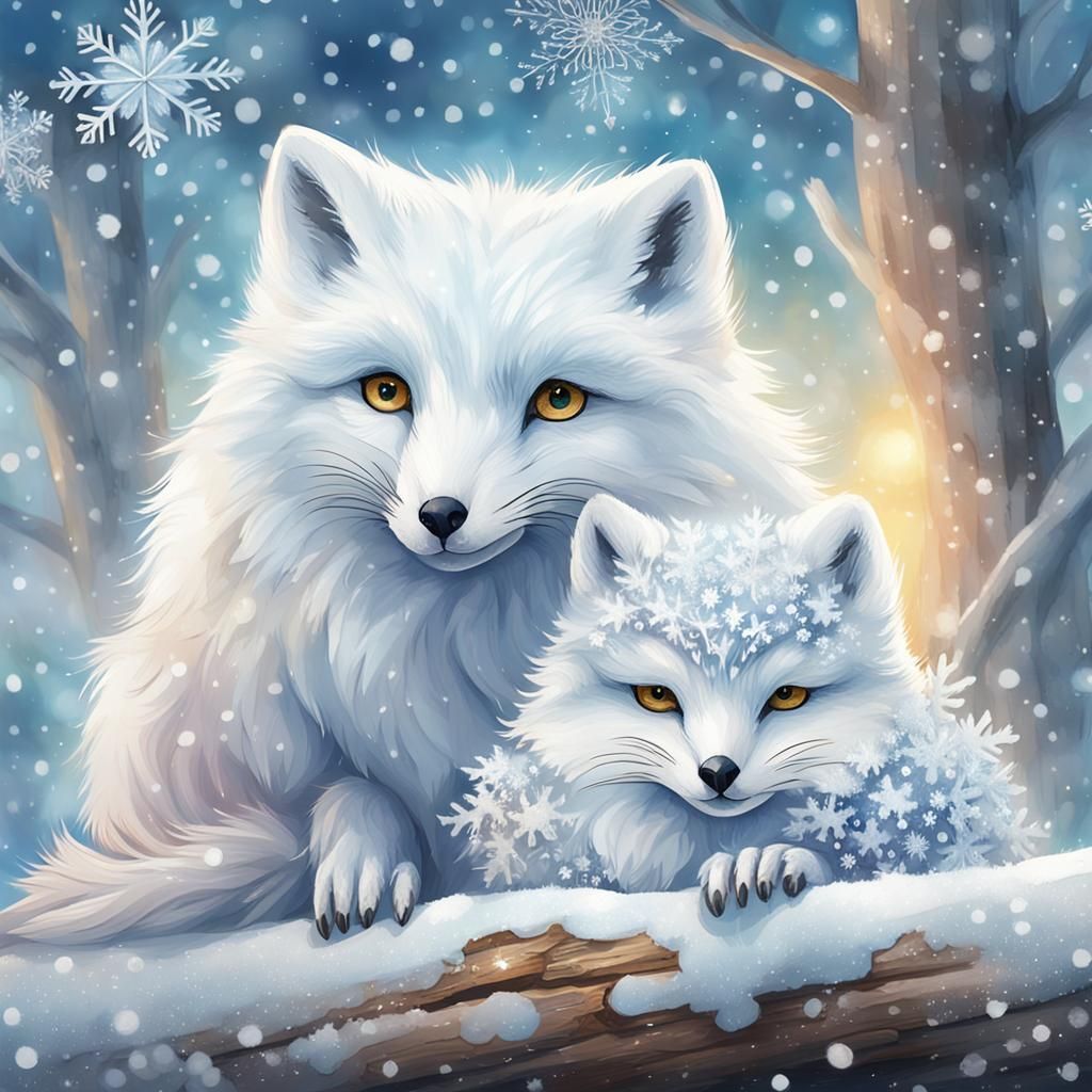 Arctic Fox and Snowy Owl in Watercolor Winter