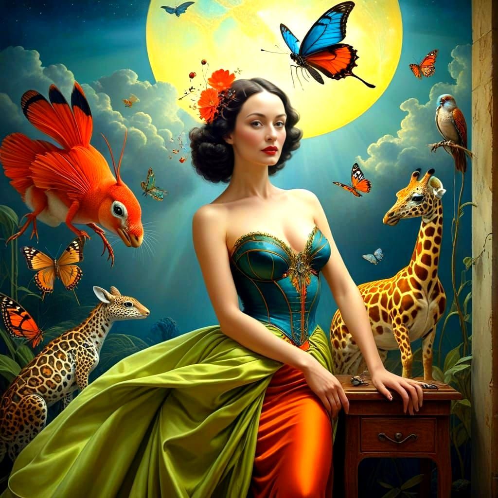Surreal Lady with Exotic Animals in Vibrant Colors
