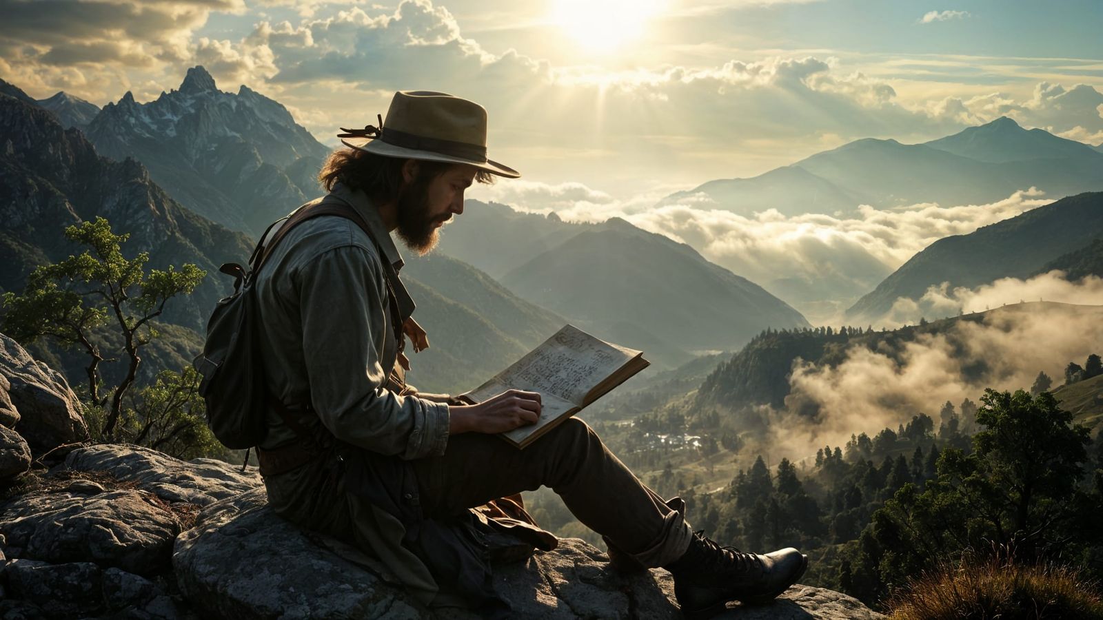 A bohemian traveler pauses to sketch in a worn leather-bound journal.  by @Joris
