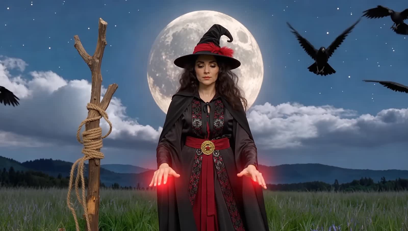 A witch casts a demonic spell as ravens circle overhead in the moonlight