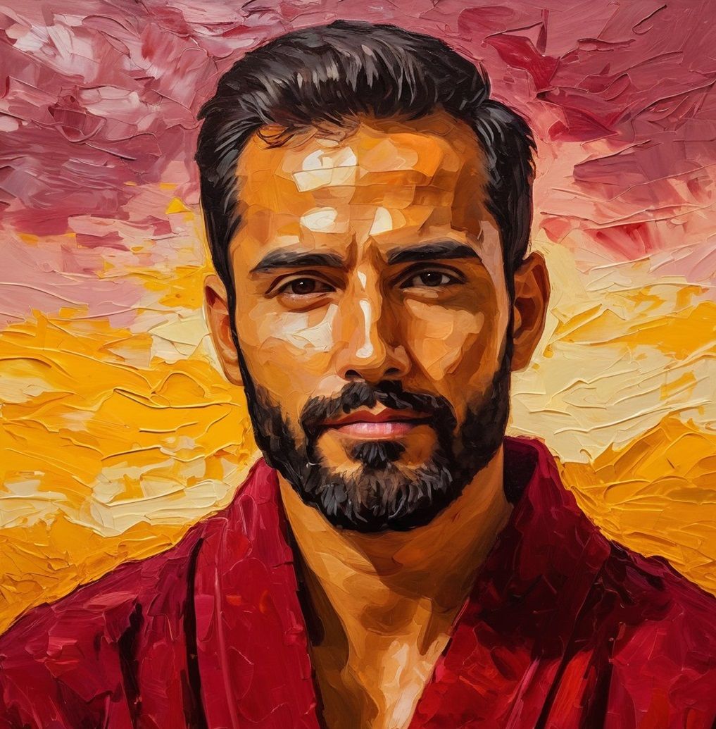 Portrait of a handsome bearded man wearing a red bathrobe