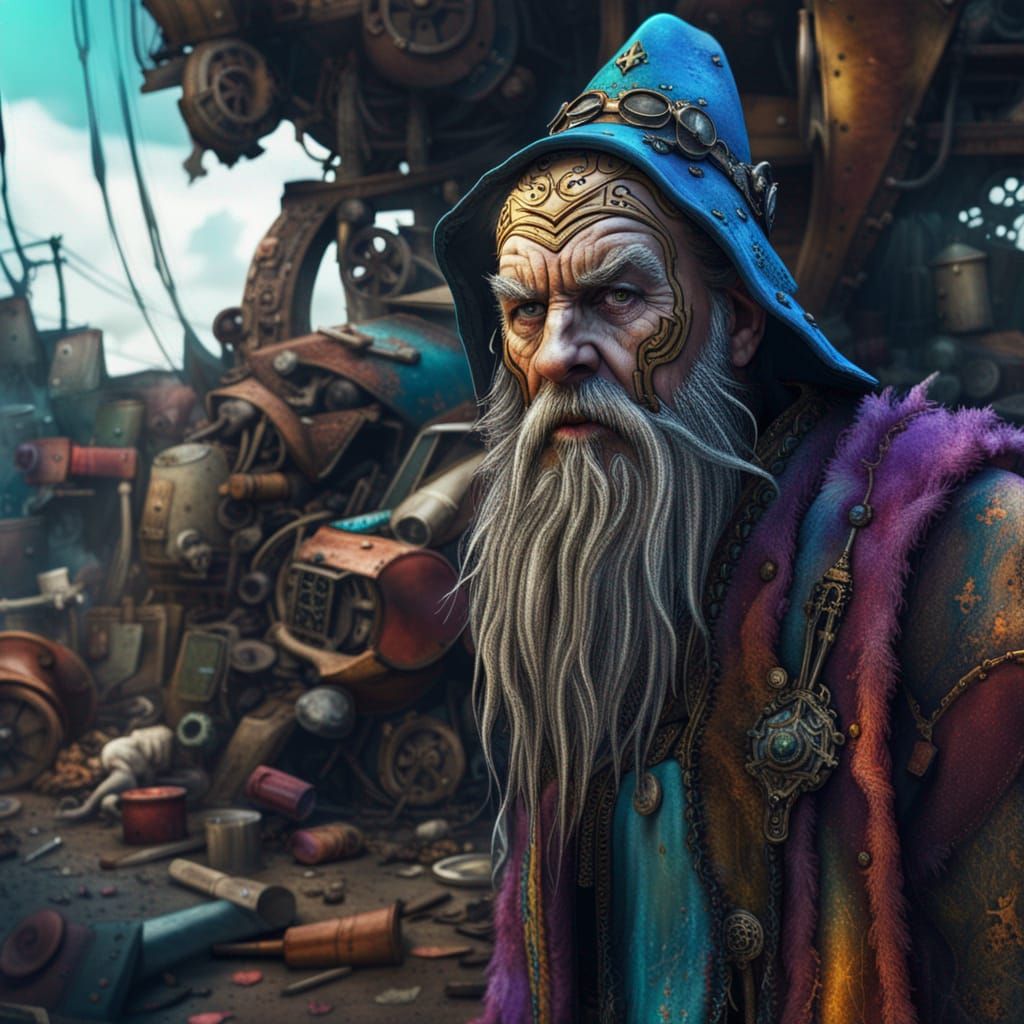 madman wizard of the junkyard, A crazy wizard stands in the ...