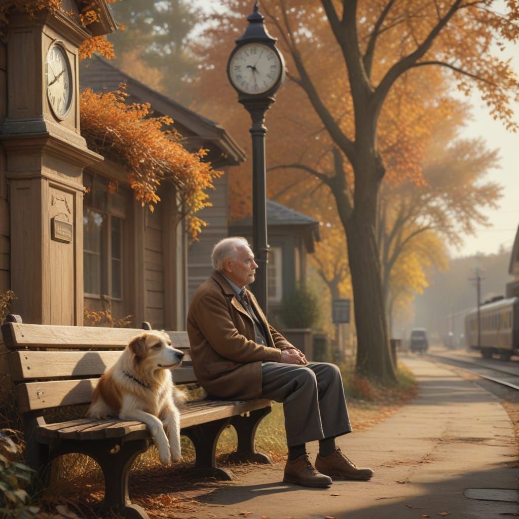Rustic Autumn Scene with Elderly Man and Dog