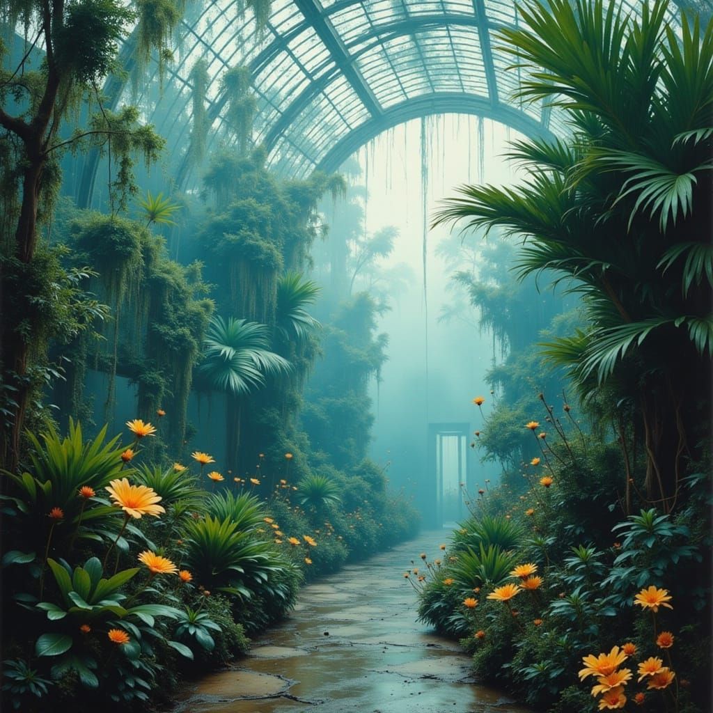 Ethereal Greenhouse With Luminous Plants and Hazy Atmosphere