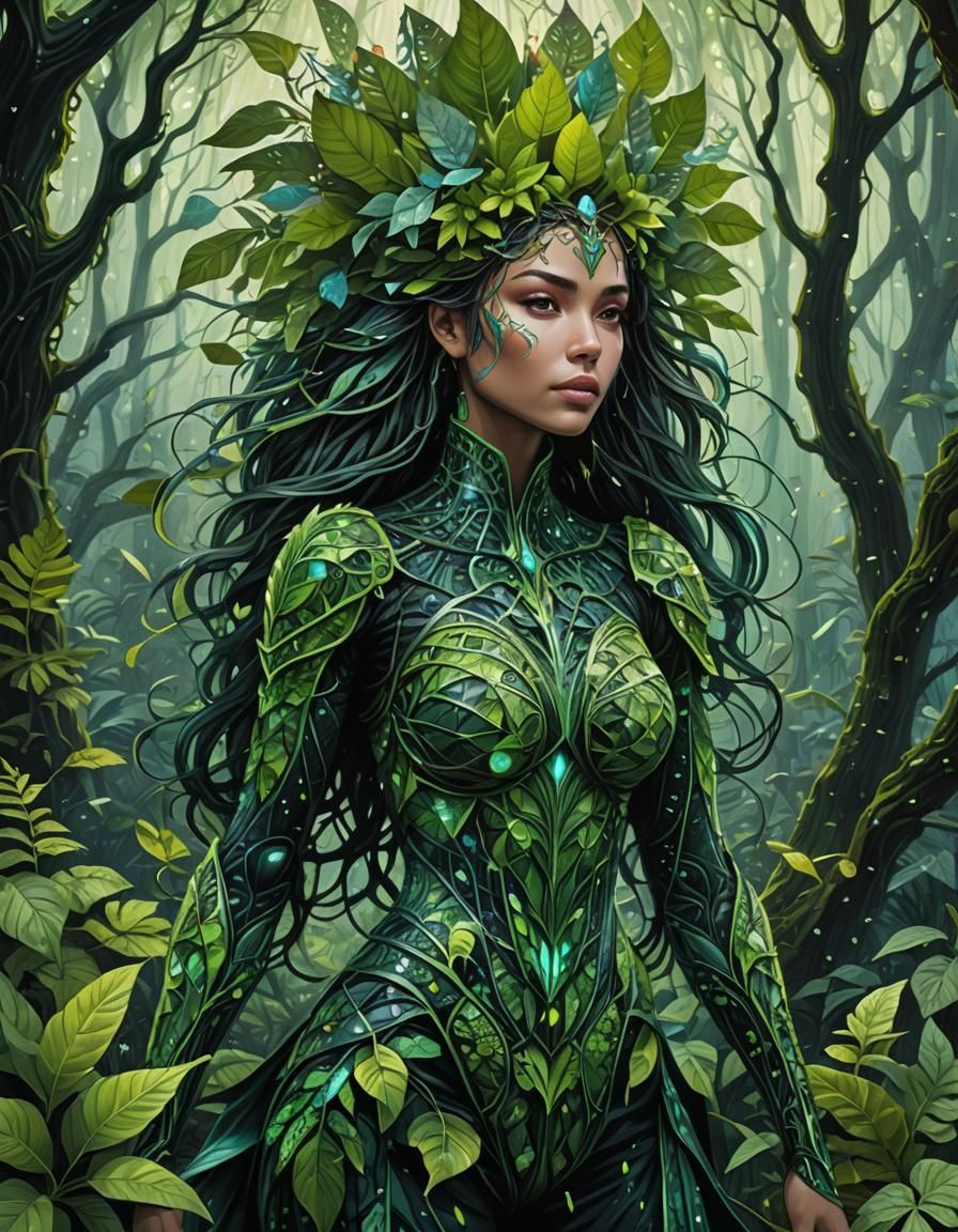 (Hyper detailed artwork of a magical woman made of exotic pl...