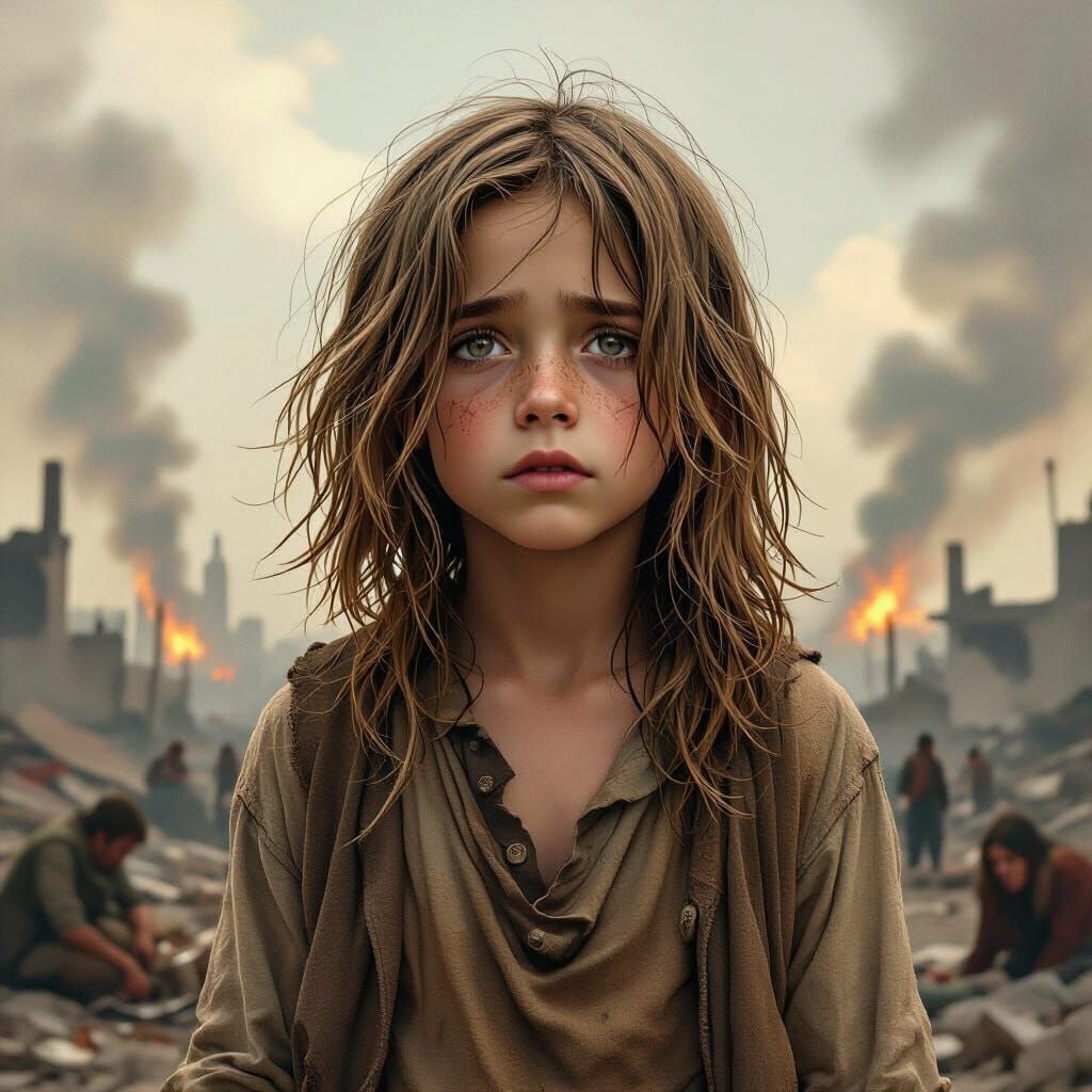 A beautiful boy with long light brown hair, looking forward with sad eyes and in the background behind him is a war with smoke and people cr...