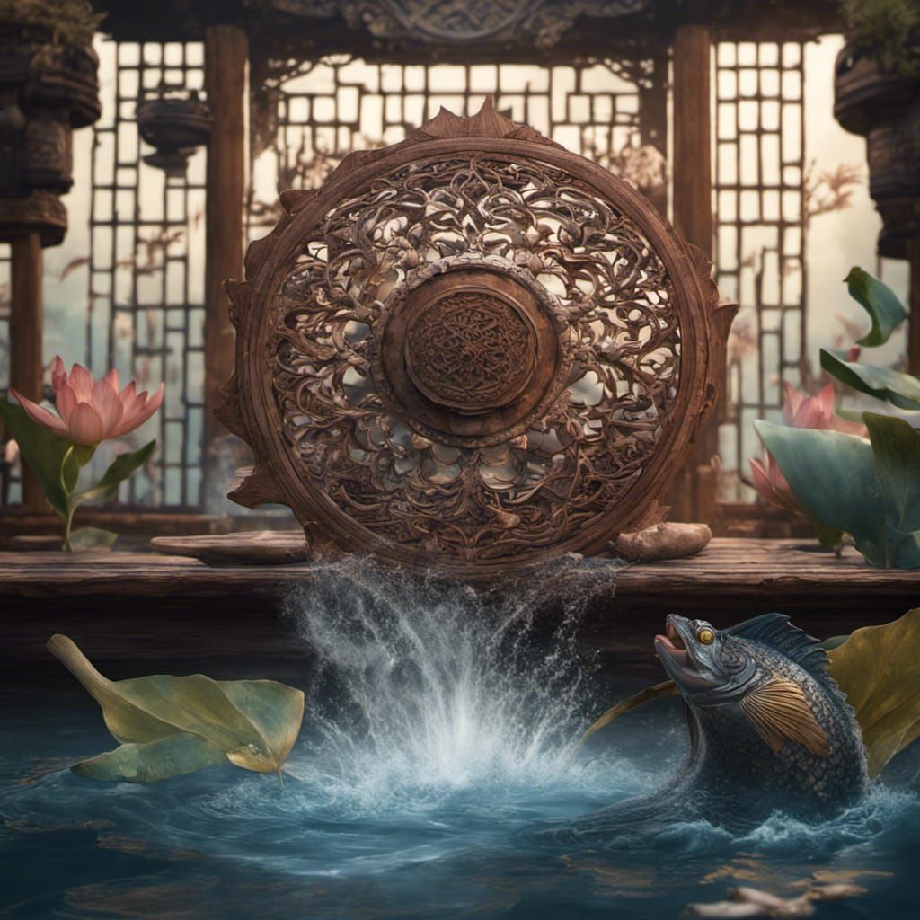 Fan, lotus, fish, water splashes, wooden, oriental