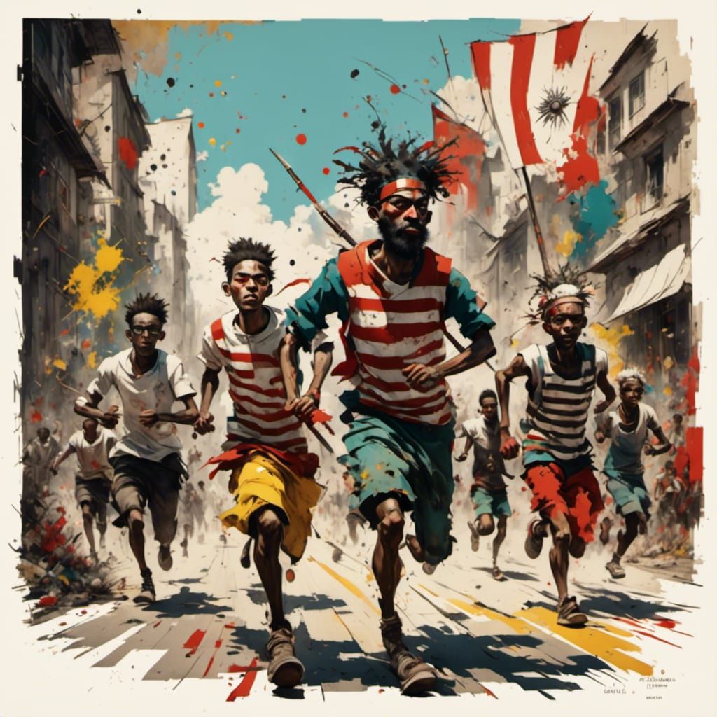 The red striped men running a demonstration!