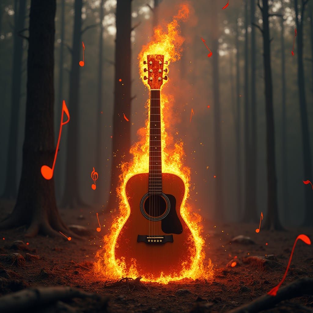 Flaming Guitar in Scorched Landscape: Dark Fantasy Art