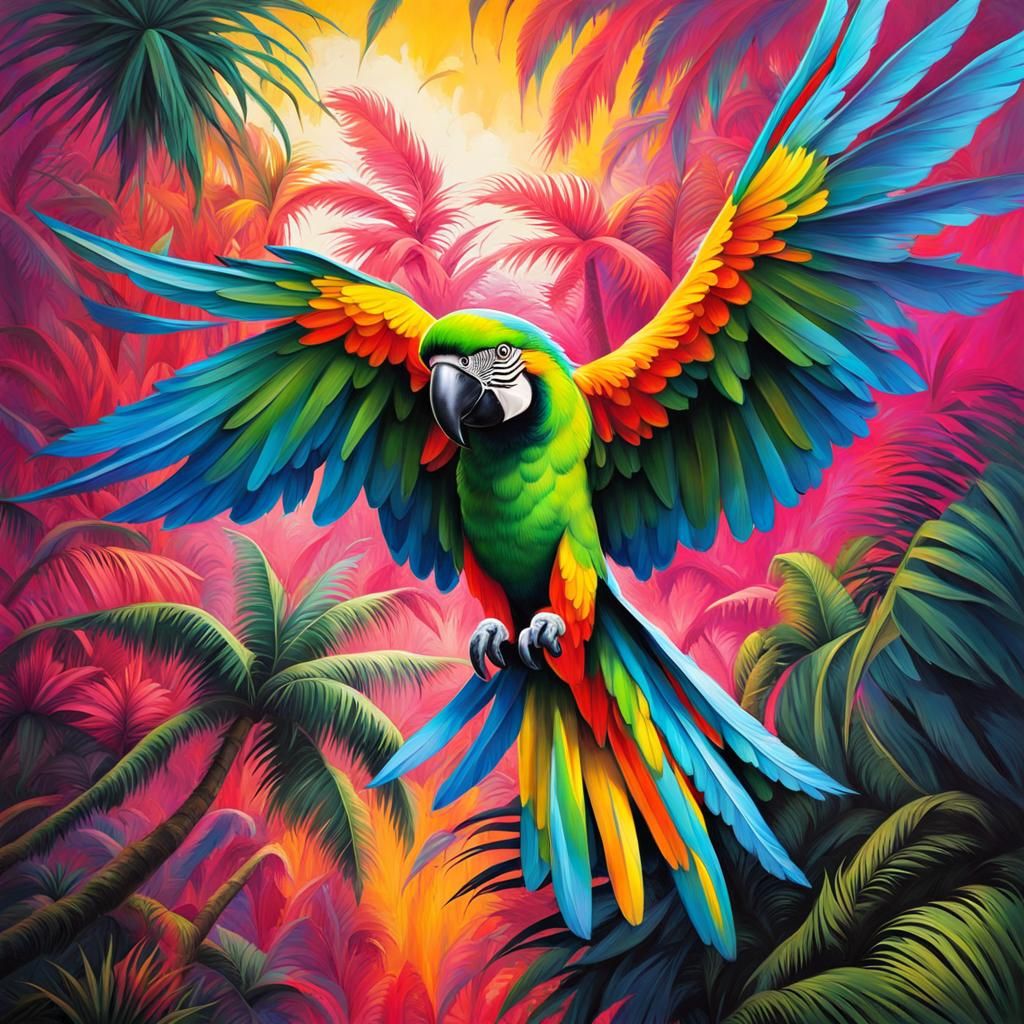 wonderful parrot in the Amazon forest flying from one coconu...