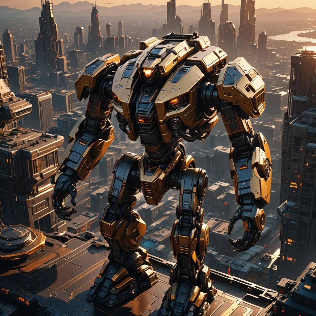 Futuristic Sci-Fi Mech in Cityscape at Dusk