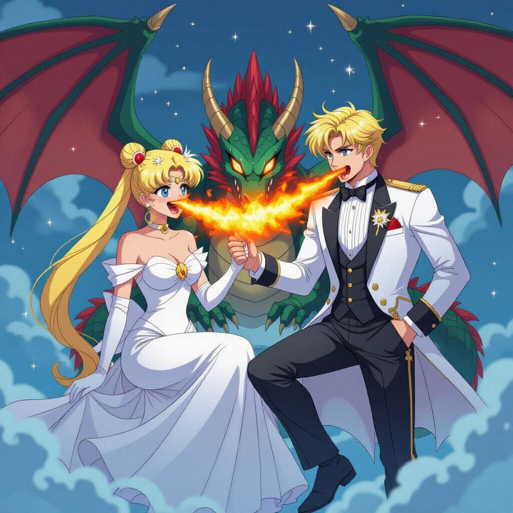 blond sailor moon and white tuxedo groom are slaying a dragon