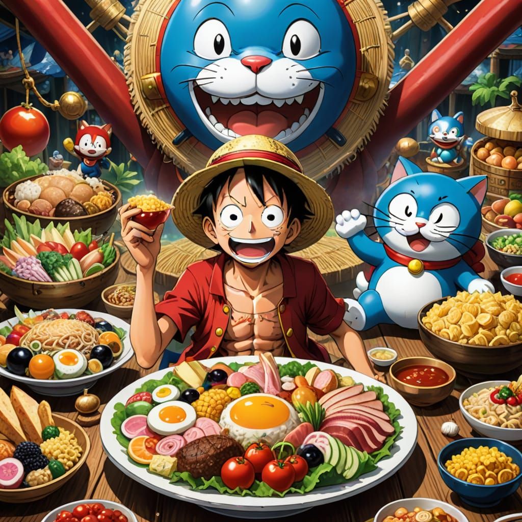 Luffy and Doraemon having a feast   by @SpriteStone