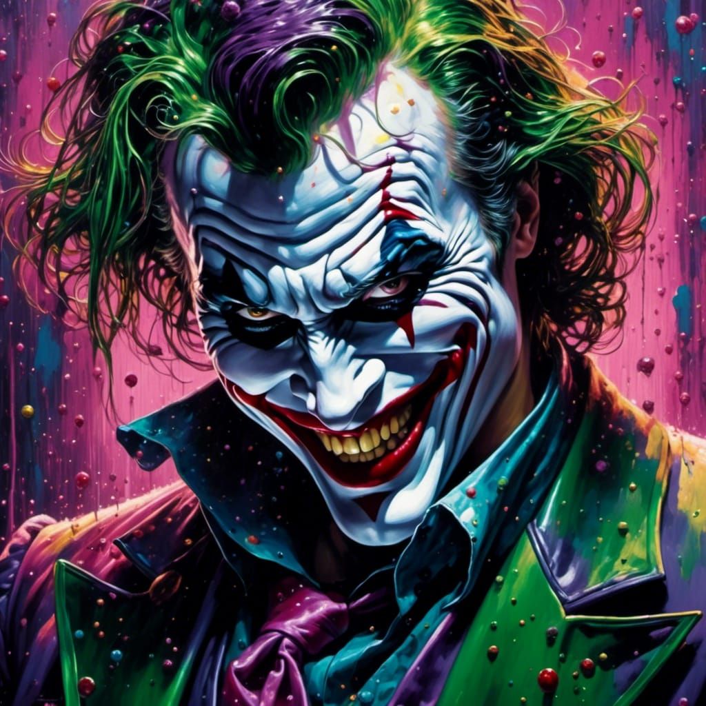 <lora:Graphic Meld:0.67> <lora:Bizarre Dreams:1.0> Matte oil painting of the Joker, dynamic grin, extreme close up, Supreme Detail, masterpi...