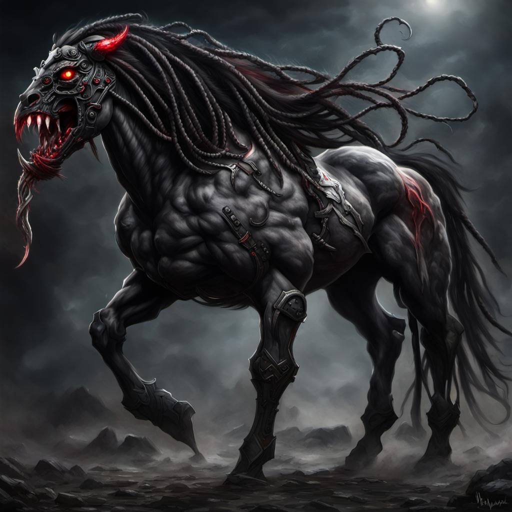 black venom demon horse, muscular, red eyes, dreadlock mane - AI ...