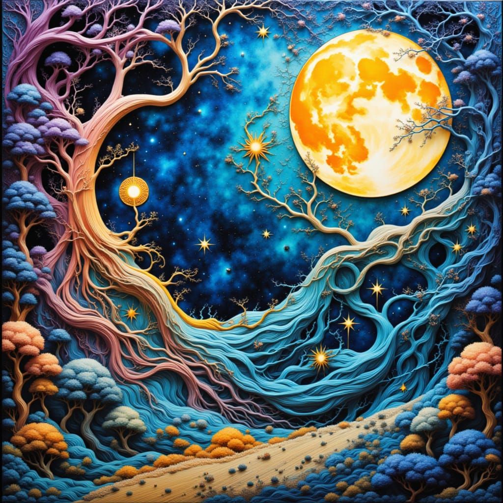 "A highly detailed, encaustic mixed media textured colorful pastel stamped printmaking moonlit landscape artwork in the style of collagraph....