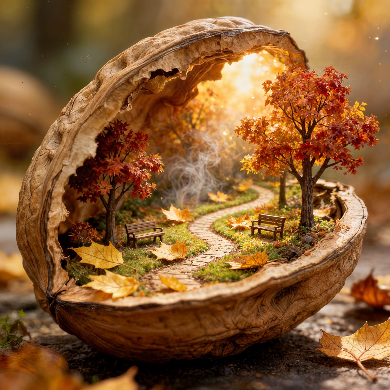 Inside a cracked walnut shell lies a tiny autumn garden — golden leaves scattered on winding paths, small ...  by @Likvi