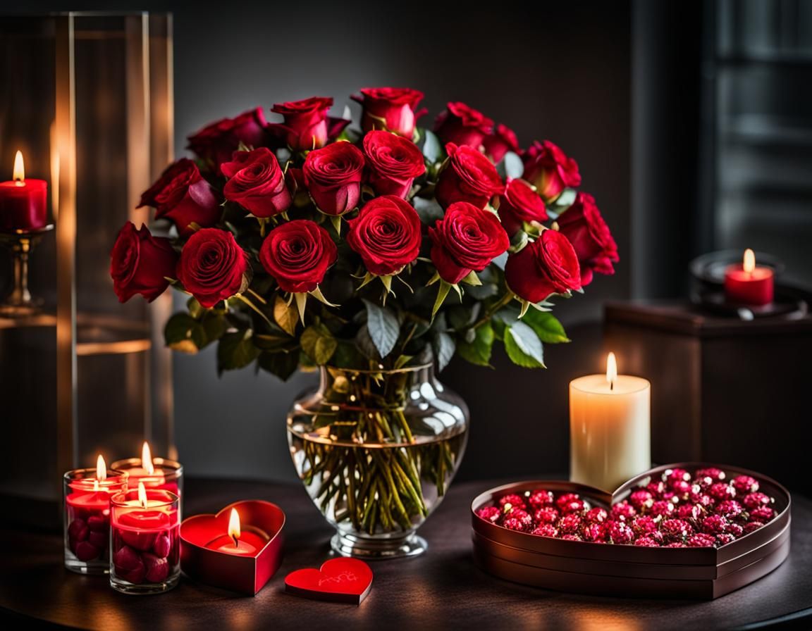 A Vase of Roses with Candles and Heart Shaped Chocolates