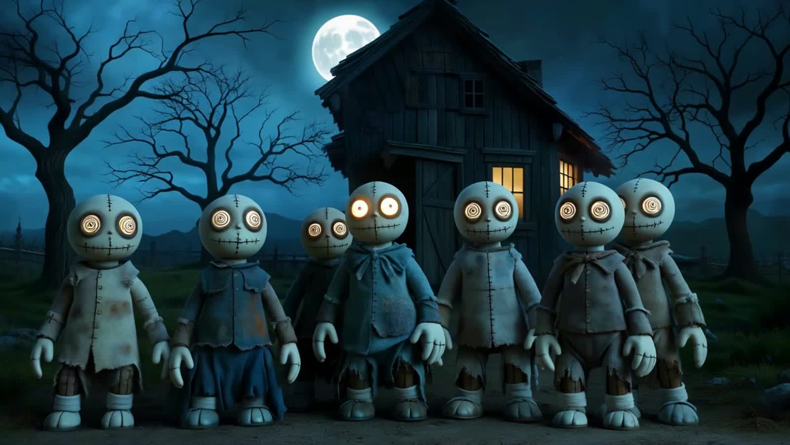 Whimsical gothic stop-motion dolls with stitched faces and hypnotic spiral eyes, standing among crooked wooden houses wi...