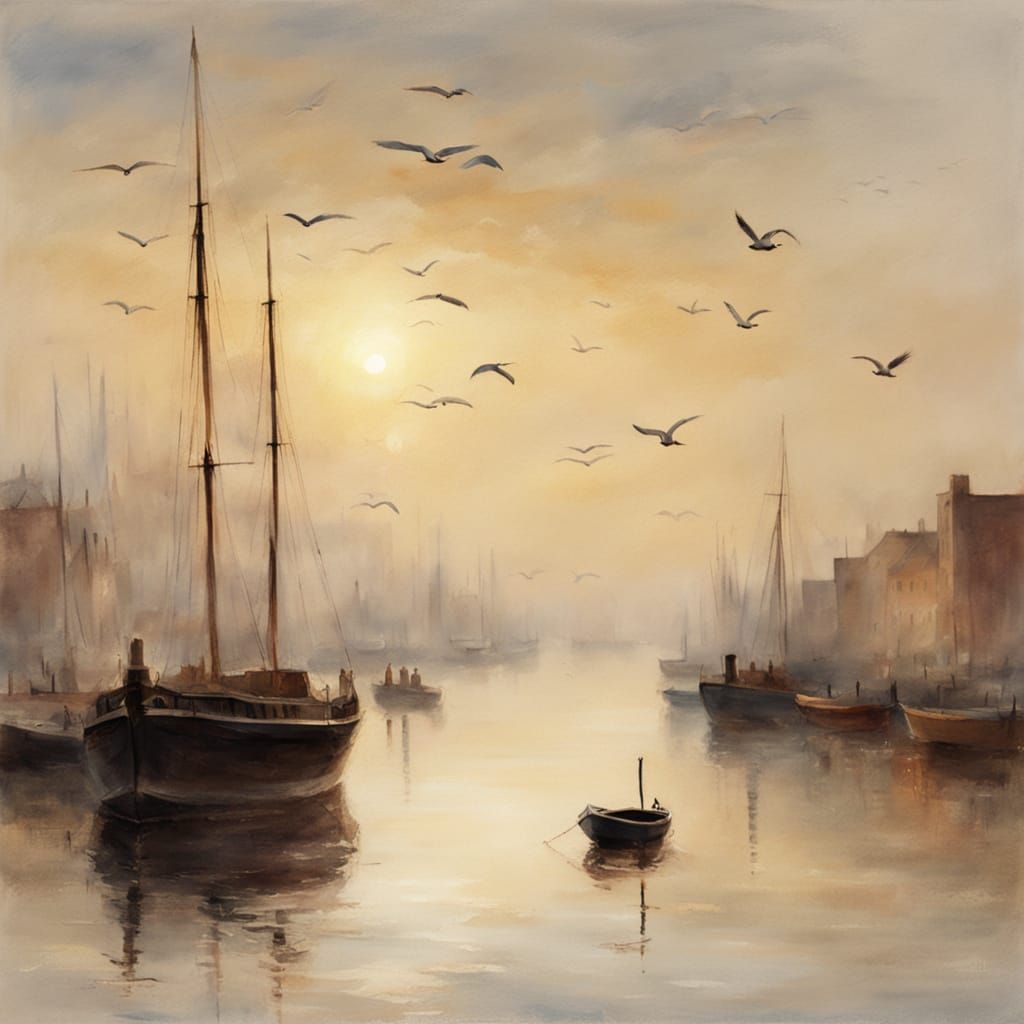Watercolor painting, harbour, boats, soft lighting, seagulls, nostalgic atmosphere, beautiful image   by @Al_in_Tanzania
