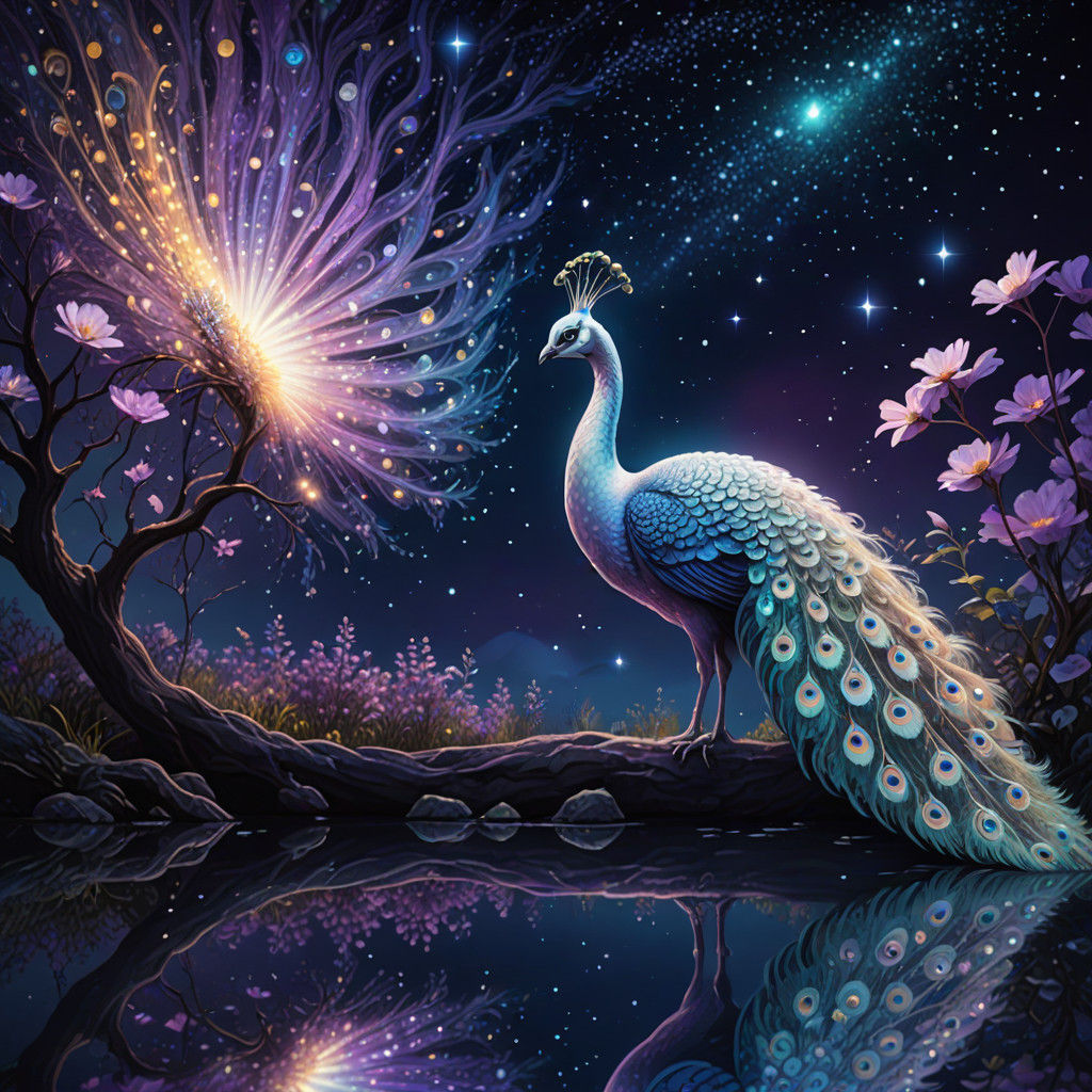A white peacock Cascading its breath into jewelled waves under the moon and stars with jewels sprinkled ...  by @EverAvalon